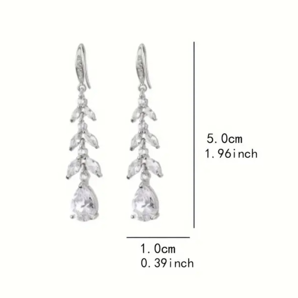 NWOT - Silver-tone Tassel Earrings with Teardrop Rhinestones and Leaf Design - Picture 5 of 5
